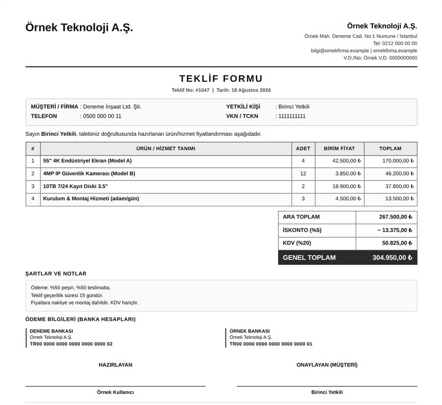 Teklif PDF çıktısı